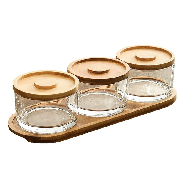 KVMORZE 9.5oz Chip and Dip Serving Set with Bamboo Tray, Snack Candy Fruit Nut Serving Platter, Small Glass Dipping Serving Bowls with Lids for Condiments, Side Dishes, Pre, Dessert, Salsa (3 Slots)