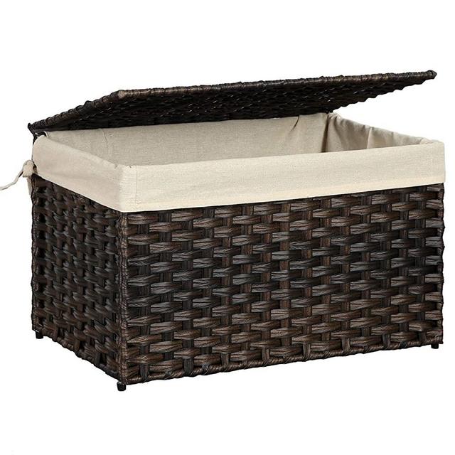 SONGMICS Storage Chest with Lid, Storage Trunk with Cotton Liner and Metal Frame, Storage Box Basket Decorative Bin for Bedroom Closet Laundry Room, Brown URST56BR