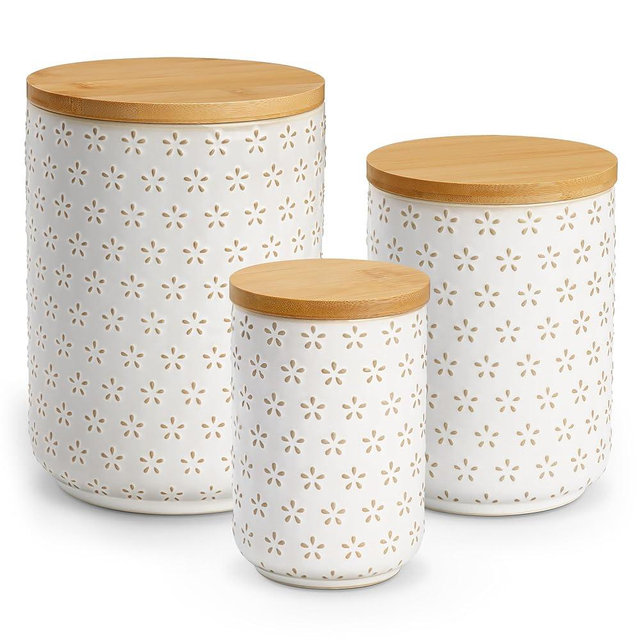 MALACASA Ceramic Canisters Set with Airtight Lids, 80/40/20 oz Coffee Canisters Sets for the Kitchen, Large Jars for Flour, Sugar, Pasta, Coffee, Cookies, Tea - Set of 3, Five-Leaf Grass
