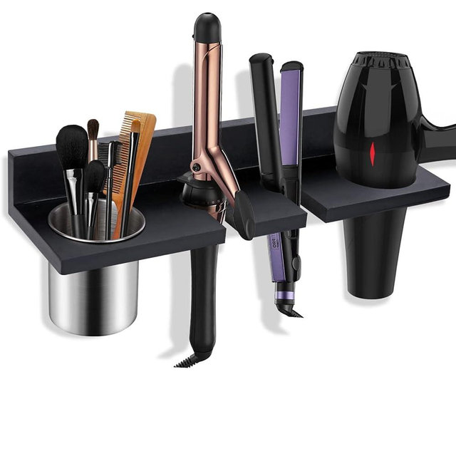 Hair Tool Organizer Wall Mounted - Wooden Hair Dryer Holder, Blow Dryer Holder for Bathroom, Rustic Hair Styling Tools Organizer for Flat Iron, Curling Wand, Hair Straighteners, Brushes, Black
