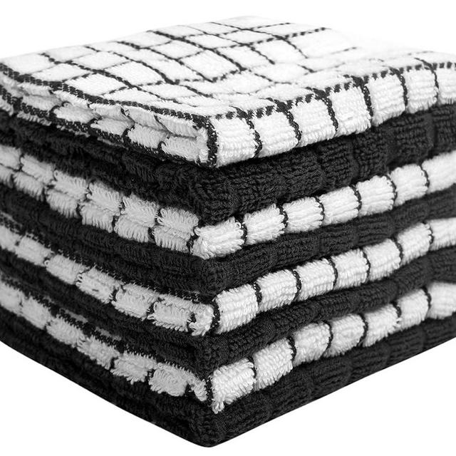 Bumble Premium Cotton Dish Cloths (12" x 12") Black Check Design | Highly Absorbent with Hanging Loop | Natural Ring Spun Cotton | Kitchen Dish Towel Set | Washing and Drying Dishes | 380 GSM - 8 Pack