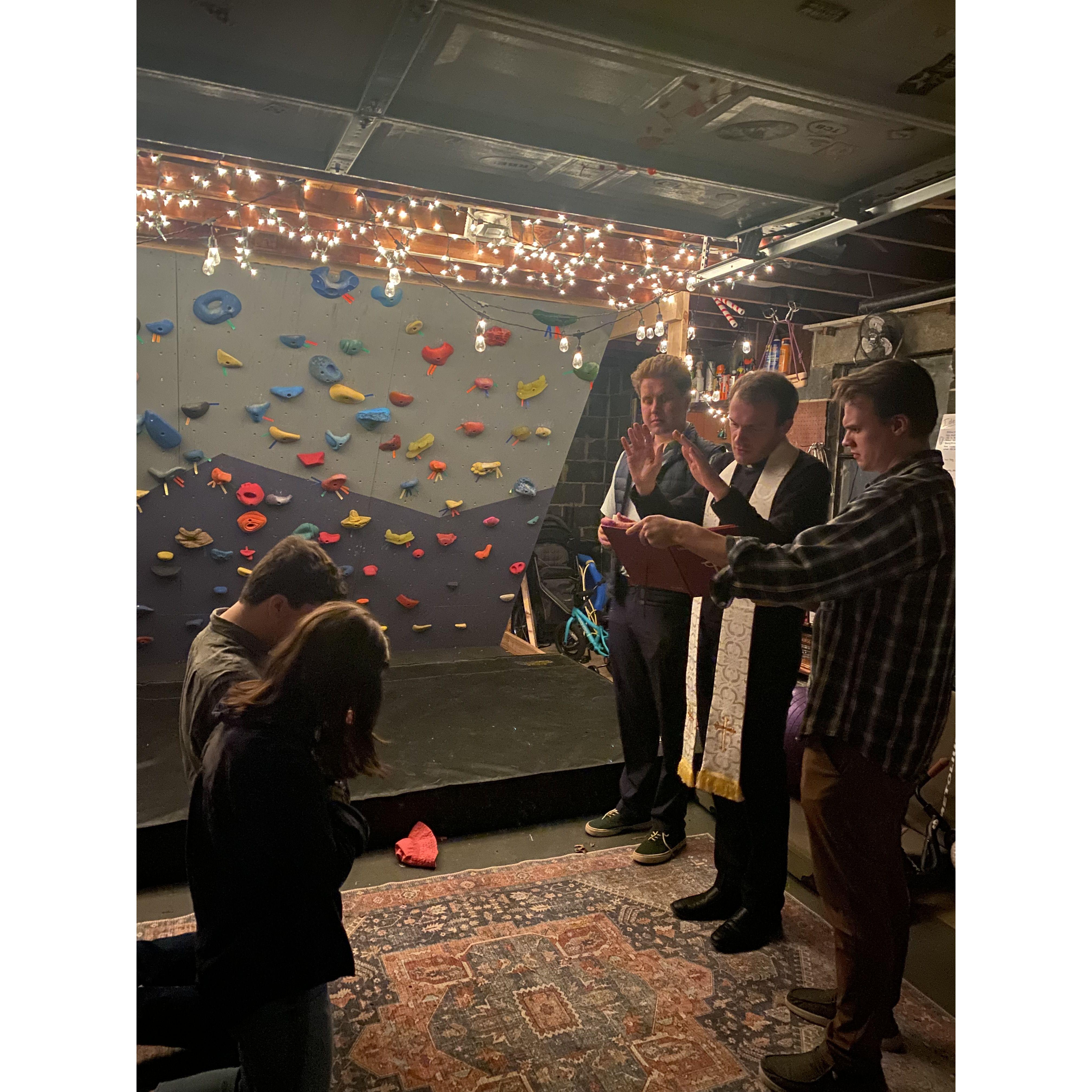 At our engagement party, Fr. Zach Watson (assisted by two deacon friends) blessed us and our engagement in the D'Agostino's garage. We love having so many clergy friends :)
