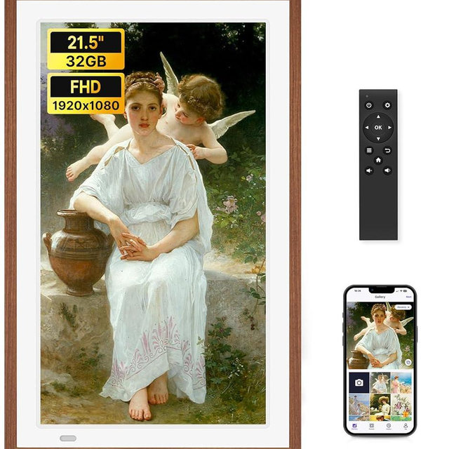 Uhale 21.5" Large Digital Picture Frame with Remote Control, 1920 x 1080 FHD IPS Display Wood WiFi Photo Frames 32GB, Wall Mounted, Auto Rotate, Support USB and SD Card, Instantly Share Photos Videos
