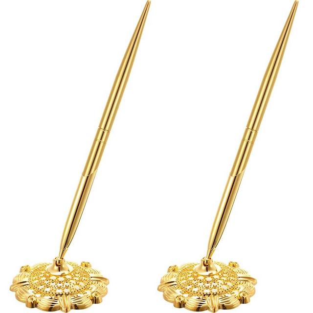 2 Pieces Golden Hollow Round Pen Holder Signing Pen Set Gold Ballpoint Pens for Wedding Bridal