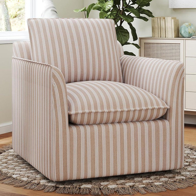 INZOY Swivel Accent Square Chair with Thick Padded Backrest Cushion, Swivel Reading Chair for Living Room Bedroom Small Spaces, Brown Stripe