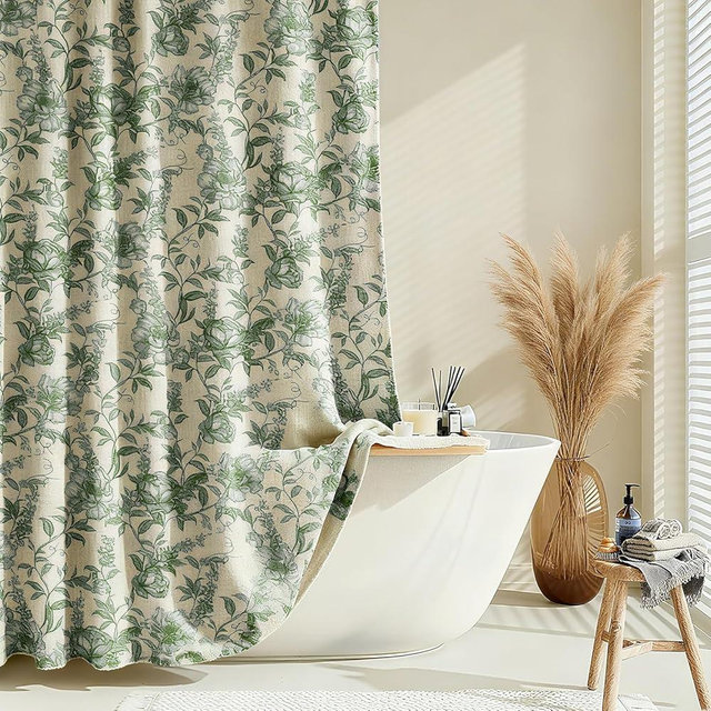 Blgiont Farmhouse Sage Green Floral Shower Curtain with 12 Clear Rings, Fabric Faux Linen Shower Curtain Set, Vintage Cottagecore Shower Curtain for Bathroom 72" W x 72" L