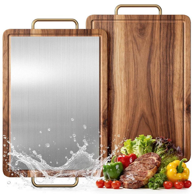 Titanium Cutting Boards for Kitchen, Reversible Acacia Wood Cutting Board, Metal Cutting Boards with Juice Groove and Handle, Versatile Board for Meat and Vegetables