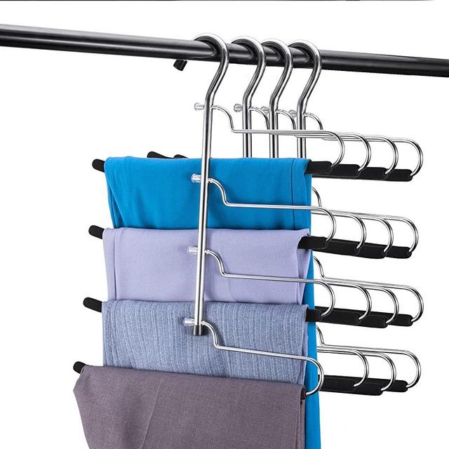 HOUSE DAY Pants Hangers 4 Layers Space Saving Multi Functional Pants Rack Non-Slip Clothes Closet Storage Organizer for Pants Jeans Trouser Skirts Scarf Black (4 Pack )