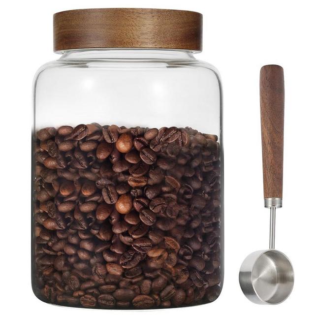 Patoper Large Glass Coffee Jars with Spoons 60 oz /1800ml, Round Storage Canister with Wooden Lid Clear Glass Food Jar for Pantry Sugar Tea Coffee Bean Spice Nuts Cookies Bath Salts (1800ml/60oz)