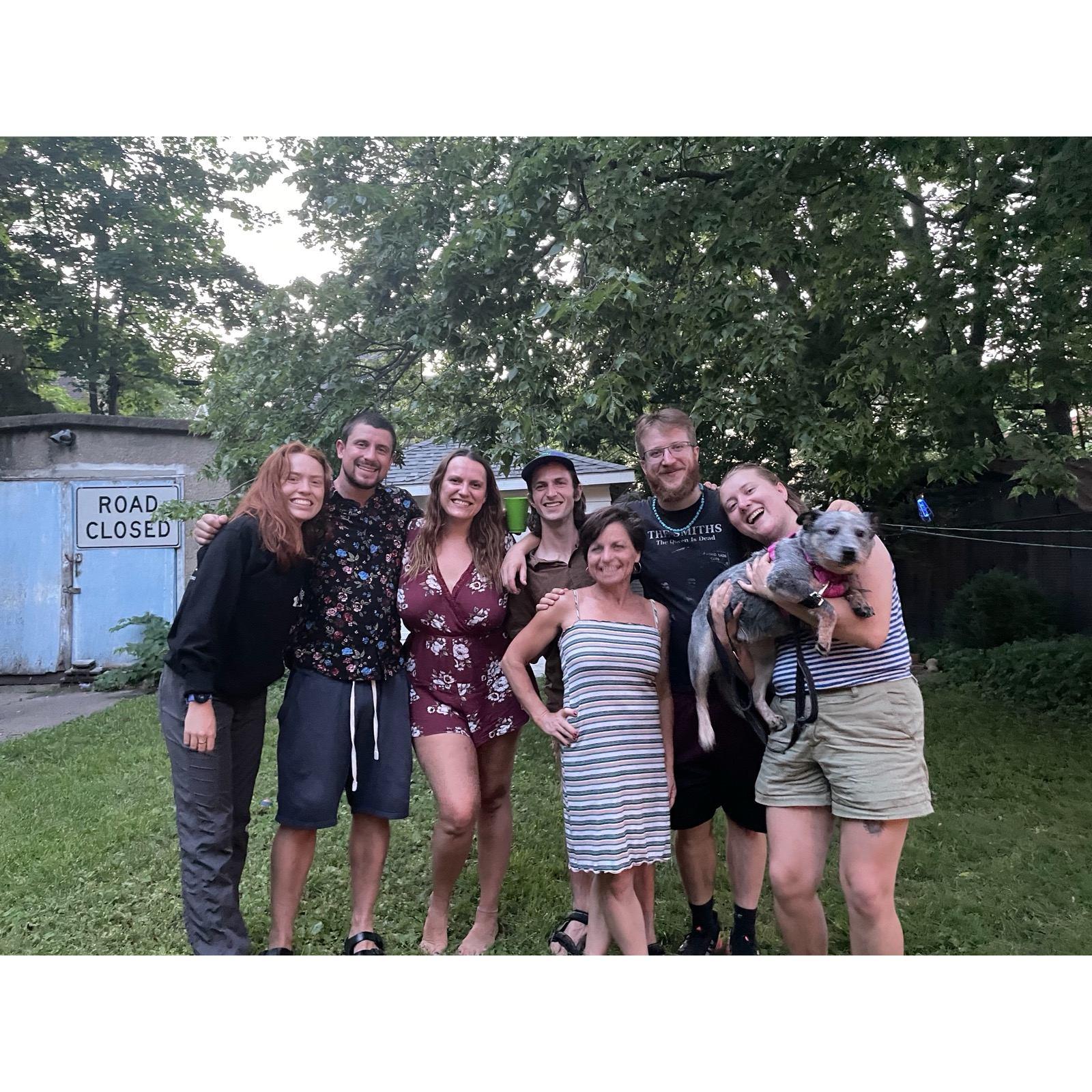 Summer 2021 in Angie's backyard in Madison, WI <3 (Pictured: Brian, Kelsey, Angie, Jake, Louis and Gecko the dog)