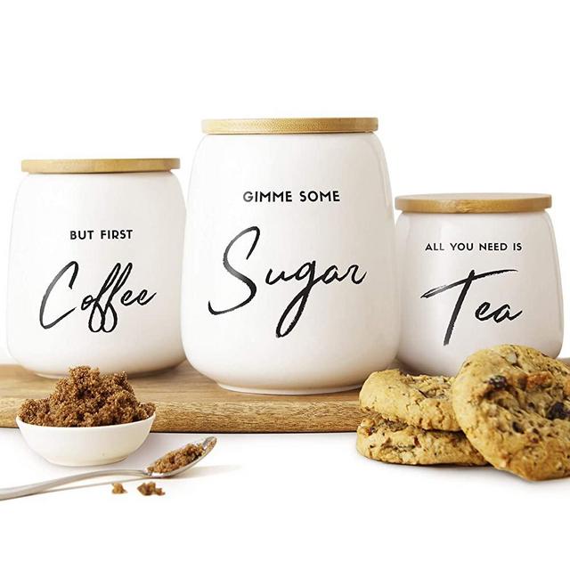 Airtight Kitchen Canister Set of 3 for the Kitchen Counter & Coffee Bar | Coffee Tea Sugar Ceramic Canister Set with Airtight Bamboo Lids | Fun Canister Sets for the Kitchen