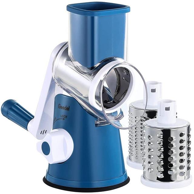 Geedel Rotary Cheese Grater, Kitchen Mandoline Vegetable Slicer with 3 Interchangeable Blades, Easy to Clean Rotary Grater Slicer for Fruit, Vegetables, Nuts