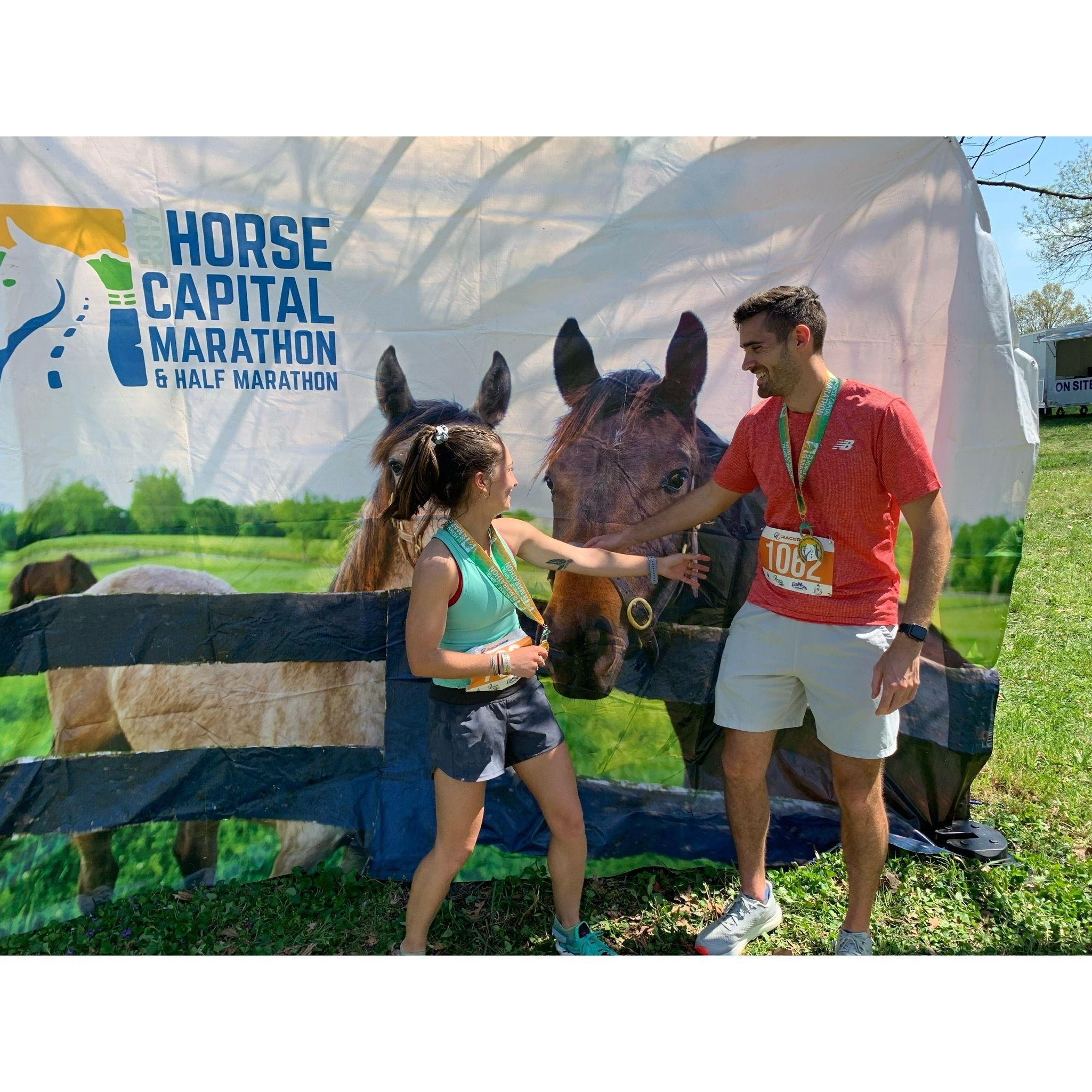 Post-race embrace at the Horse Capital Marathon in Spring 2023 in Lexington, KY! Not pictured: Aunt Jan and Uncle Phil who got us through the country hills!