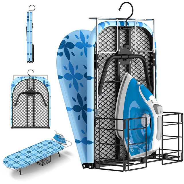 Small Ironing Board Tabletop with Iron Holder, Foldable Mini Iron Board with Iron Rest, Hook for Wall/Door Hanging, Dirt & Heat Resistant Cover, Portable for Home Apartment Travel Laundry Room Sewing