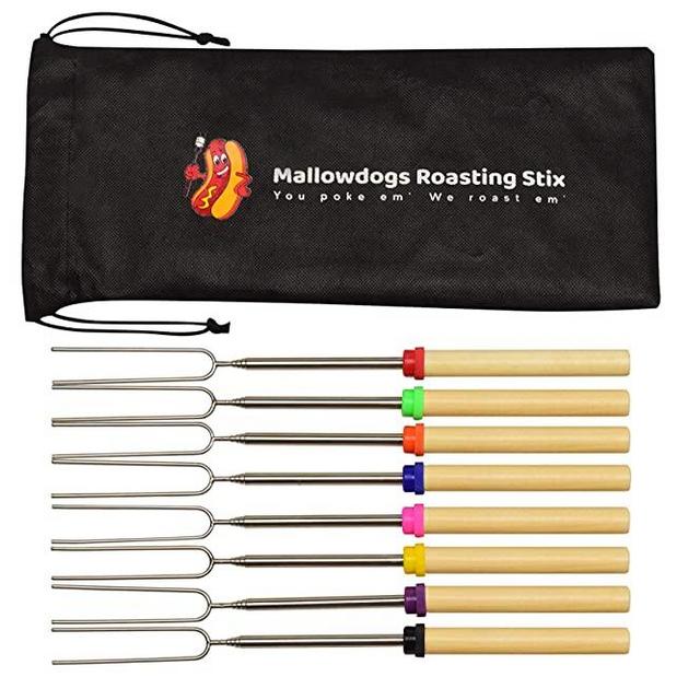 Mallowdogs Roasting Stix Hot Dog and Marshmallow Roasting Sticks for Fire Pit and Campfire Cooking – Telescoping Wooden Handle Smores Skewers with Retractable Stainless Steel Forks (8 Pcs)