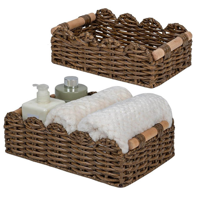 CubesLand PP Wicker Scalloped Edge Floating Shelves Baskets Set 2, Toilet Basket for Over Toilet Storage Shelf, Ending Table, Nightstand Organizing and Home Décor, Rattan Basket Come with Wood Handle