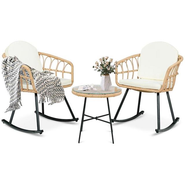 Vikiullf 3 Pieces Rocking Chairs Set - Outdoor Wicker Rattan Rocking Chairs with Thickened Cushions, Boho Patio Furniture, Patio Conversation Bistro Sets, for Balcony Garden Porch Living Room