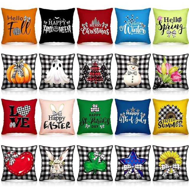 Mindsoft 20 Pcs Holiday Pillow Covers 18 x 18 Inch Seasonal Black and White Buffalo Plaid Throw Pillow Covers Fall Halloween Decorative Pillowcase Cushion Case for Farmhouse Home Couch Sofa Decor