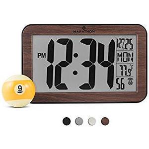 MARATHON CL030033WD panoramic Atomic Self-setting Self-adjusting Wall Clock w/ Stand & 8 Timezones - Wood Grain Tone - Batteries Included