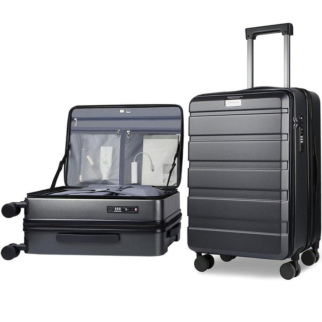 KROSER Carry On Luggage with Spinner Wheels & Built-in TSA Lock, Expandable Top Opening Hard Shell Suitcase Large Capacity Durable Rolling Luggage with USB Port, Carry-On 20-Inch, Steel Grey