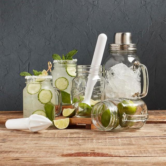 Mason Craft & More 7-Piece Glass Drinkware Bar Set, Cocktail Shaker, Muddler, Drinking Jars (16 oz.) Highball Glasses for Mojitos Margaritas