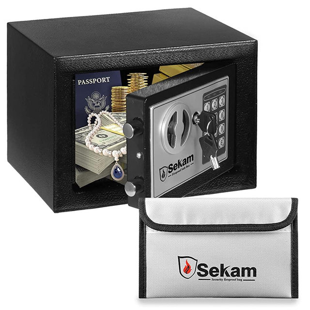 SEKAM Steel Small Money Safe Box for Home Office with Fireproof Money Bag for Cash, Personal Safe with Pass Code and Key Lock, Mini Safe Lock Box for Cash Jewelry Storage, Digital Security Safe Kids Safe Silver