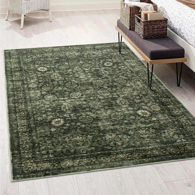 Morebes Area Rug 4x6 Vintage Washable Boho Rugs for Bedroom, Soft Living Room Carpet Non-Slip Non-Shedding Faux Wool Rug for Farmhouse Dining Room Indoor Kids Playroom, Dark Green