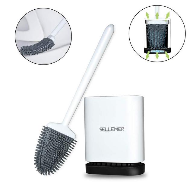 Sellemer Toilet Brush and Holder Set, Toilet Bowl Brush Carrying Solid Anti-Rust Handle, Upgraded Flat Design, Good Toughness, Brush Head Can Be Bent Freel, Easy to Clean and Clean Without Dead Ends