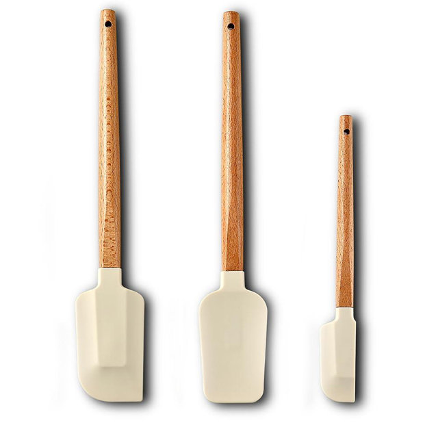 Addxuyrt Wooden Handle Silicone Spatula Set, Baking Spatula, Batter Mixing Spatula, Spatula for Cooking, Jam, Jars, Baking, Mixing, Frosting (3 Piece) (Beige)