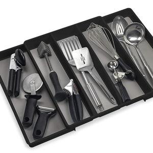 ELTOW Expandable Utensil Drawer Organizer, 5 Compartment Non-Slip & Adjustable Large Utensil Organizer for Kitchen Drawers, Kitchen Organization for Utensils, Flatware Storage Tray (Black)