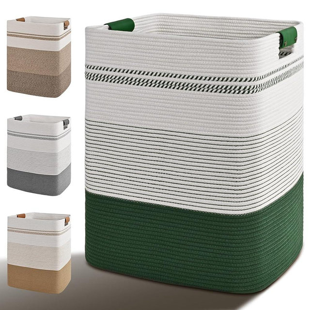 Degeyoyo Laundry Hamper, 95L Tall Laundry Basket with Leather Handles, Rectangle Large Clothes Hamper for Organizing, Cotton Woven Laundry Baskets Storage Hampers for Bedroom, Nursery, Living Room