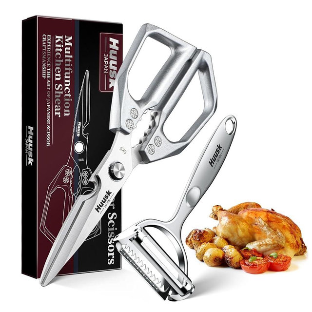 HUUSK Kitchen Scissors and Vegetable Peeler Set - Silver Stainless Steel Cooking Kitchen Shears for Food with Serrated Peeler, Heavy Duty Japanese Style Dishwasher Safe Meat Scissors for all Purpose