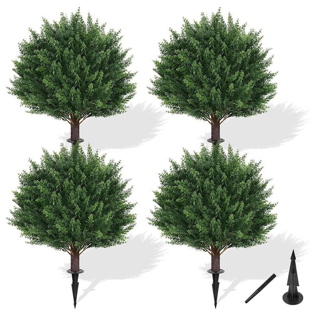 Grooy Artificial Cypress Topiary Tree with Ground Spike, Set of 4 Artificial Shrub Bushes, Fake Evergreen Tree for Porch, Artificial Plants for Outdoor Planters Indoor UV Resistant