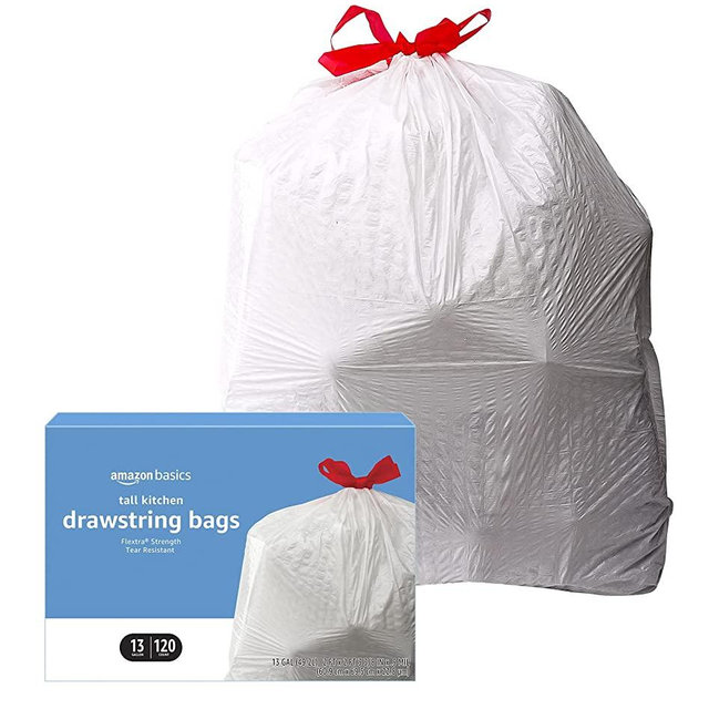 Amazon Basics Flextra Tall Kitchen Drawstring Trash Bags, 13 Gallon, 120 Count