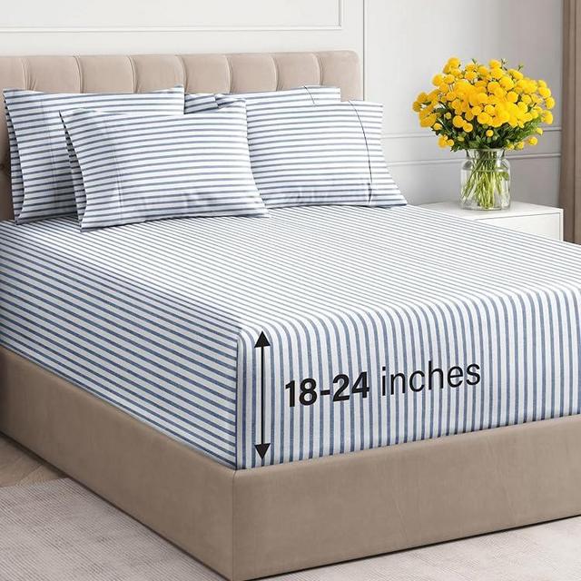 Extra Deep Queen Sheet Set - 6 Piece Breathable and Cooling Sheets - Hotel Luxury Bed Sheets Set - Easy Fit - Soft, Wrinkle Free and Comfy Sheets Set - Blue Striped Sheet Set with Extra Deep Pockets