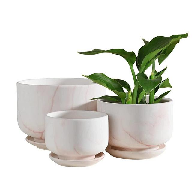 Qzwenxun Ceramic Plant Pots 7.8+6.2+4.8 Inch Marble Pattern Planters with Drainage Hole and Saucer Flower Pots for Indoor Plants Set of 3 (WhitePink)
