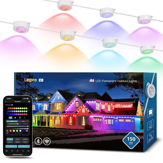 Lepro E1 AI Permanent Outdoor Lights APP Control, 150ft Smart RGB+IC Christmas House Lights with 90 Warm/Cool White LED Pucks, Alexa Google Enabled, AI Generated Lighting LLM, NO Remote, 2.4 GHz WiFi