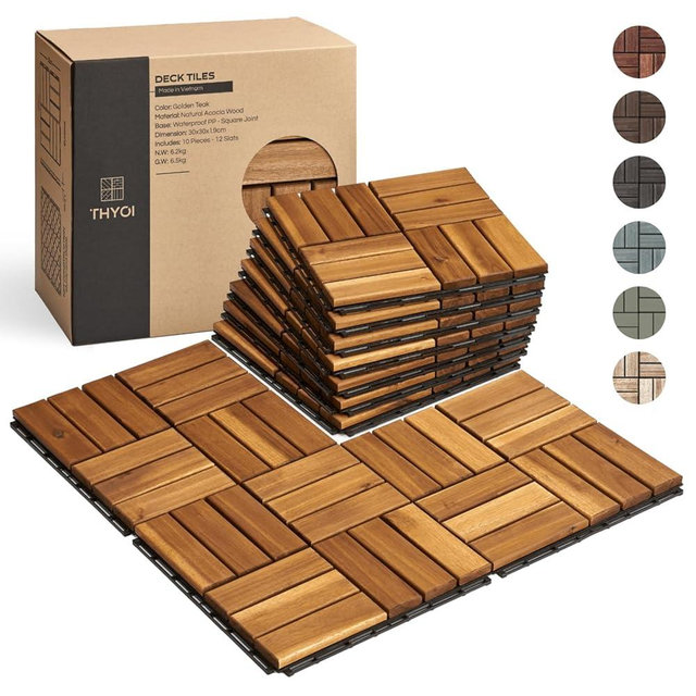 THYOI 10 Pcs Premium Acacia Wood, Interlocking Deck Tiles, Patio Flooring Outdoor Waterproof, Acacia Wood Decking All Weather, Floor Tiles for Balcony, Backyard, Indoor and Outdoor Use (Golden Teak)
