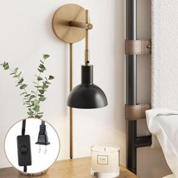 Nathan James Tamlin Wall Light Fixture, Wall Mounted 1-Light Lamp, Plugin Sconce with On/Off Switch for Living Room, Reading Nook or Bedroom, Vintage Brass/Matte Black