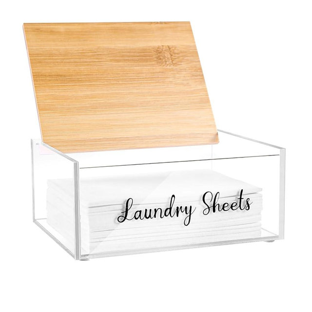VOTLEVT Acrylic Laundry Detergent Sheets Holder with Bamboo Lid, Laundry Soap Sheets Container Box Dispenser for Laundry Room