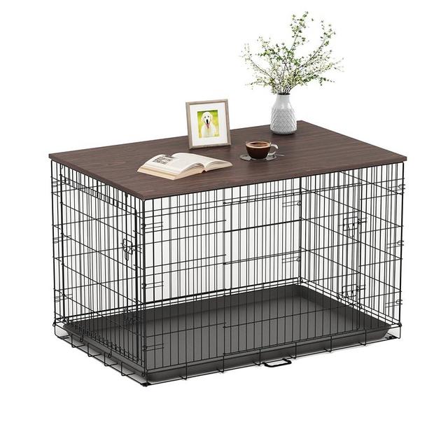 Piskyet Dog Crate Topper Wood for 48 42 36 30 24 inch Dog Cage, Dog Crate Cover,Dog Kennel Topper, 24" Walnut(Crate Not Include)
