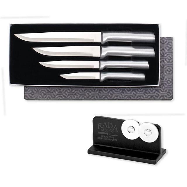 Rada Cutlery 4-Piece Wedding Register Knife Gift Set with Quick Edge Sharpener, Silver Handles