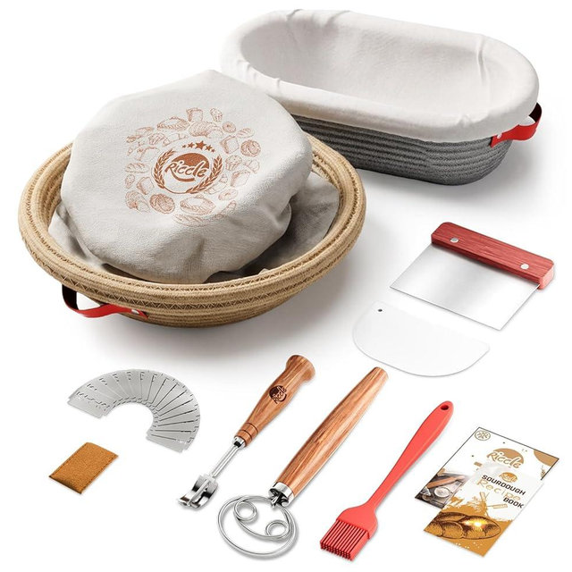 Riccle Sourdough Starter Kit – Bread Baking Supplies & Bread Making Tools with Cotton Rope Proofing Basket (9” Round & 10” Oval), Bread Lame with 15 Blades, Dough Whisk, Bowl Scraper & Silicone Brush