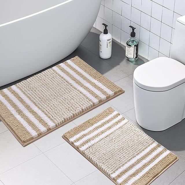 Bathroom Rugs Set 2 Piece, Extra Soft and Absorbent Fluffy Striped Chenille Bath Mat Rug Set, Non Slip Bathroom Floor Mat, Machine Washable (20" x 32" Plus 16" x 24", Khaki)