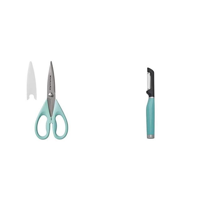 KitchenAid All Purpose Shears with Protective Sheath, 8.72-Inch, Aqua Sky & KE112OHAQA Classic Euro Peeler, One Size Aqua Sky 2
