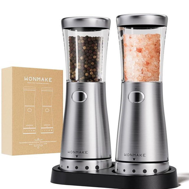 Electric Salt and Pepper Grinder Set with 4.5oz Large Capacity, Stainless Steel Rechargeable Salt and Pepper Grinder with 1.8" Wide Mouth, Storage Base,Adjustable Coarseness, and One-Hand Operation
