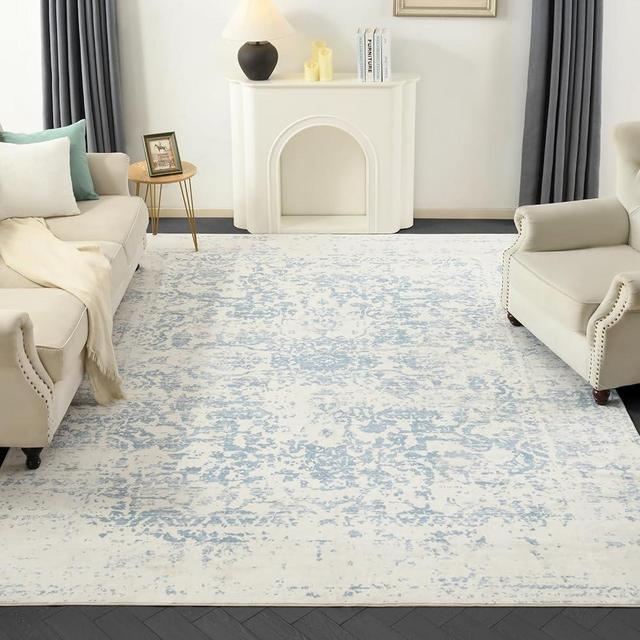 DEAXLife Washable Area Rug for Living Room - Stain Resistant Urtla Thin Rugs with Non Slip Rubber Backing - Indoor Floor Carpet for Dining Room Home Office Dorm (Blue/White, 8x10 Feet)