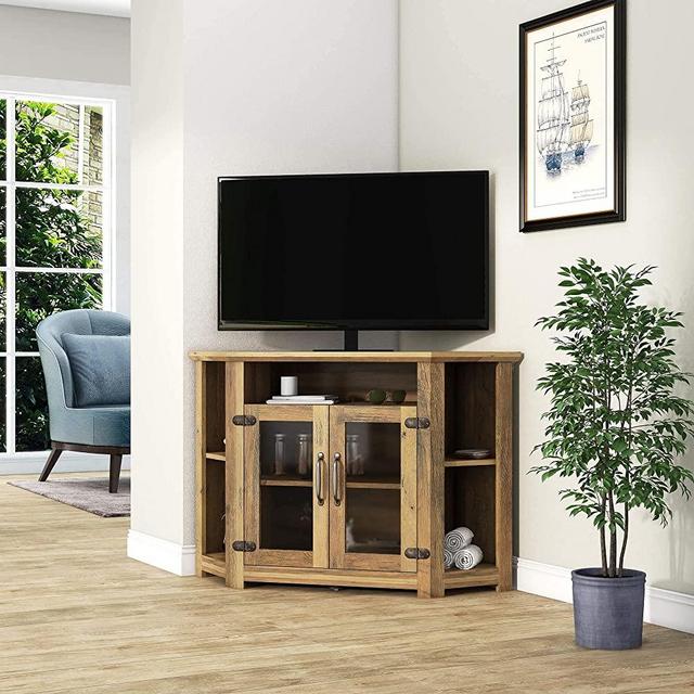 SAINTCY Corner TV Stand for TV's Up to 50 Inch, 44 Inch Rustic Corner TV Cabinet, Farmhouse Wood Corner Entertainment Center Oak Brown Triangle Corner TV Stand with Double Doors and Storage Cabinets