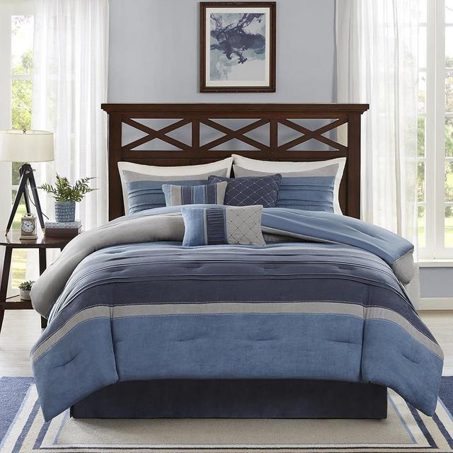 Madison Park Cozy Comforter Set Casual Modern Design - All Season Bedding, Matching Bed Skirt, Decorative Pillows, Collins, Suede Blue Grey King(104"x92") 7 Piece