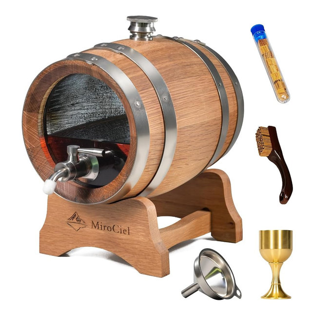 1.5 Liter Visualized Oak Aging Barrel : Mini Charred Oak Whiskey Barrels with Stand, Bung & Spigot - For Personalized Age Cocktails, Bourbon, Whisky, Tequila, Rum, Mead Wine, Beer